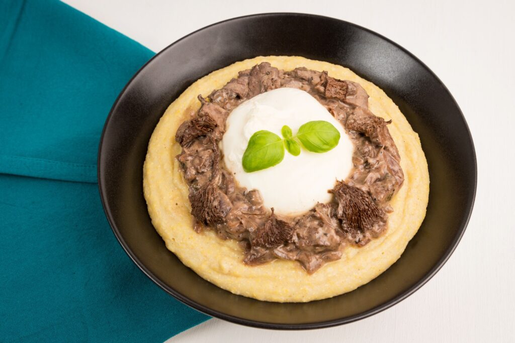 Tocăniță de ciuperci cu burrata