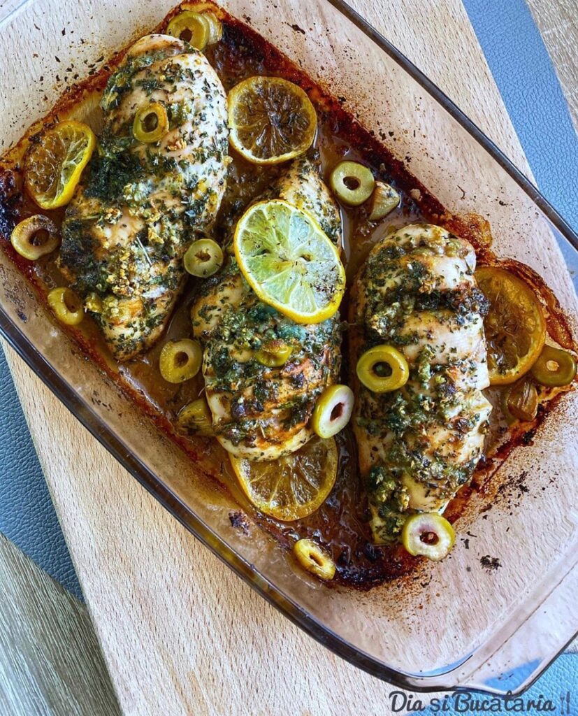 Piept de pui cu măsline verzi și lămâie la cuptor